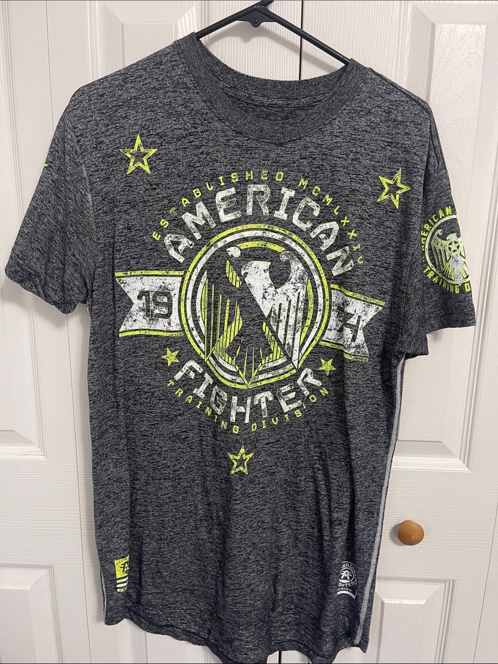 American Fighter Men's Gray Graphic Tee with Neon Yellow Accents